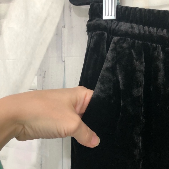 Calvin Klein Size 14 Black Crushed Velvet Wide Leg Trouser Pants Drawstring - Picture 8 of 11